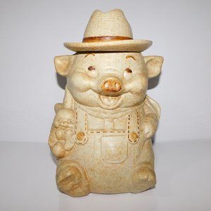 Vintage 60sTreasure Craft 12" Ceramic Farmer Pig Cookie Jar Tan Brown